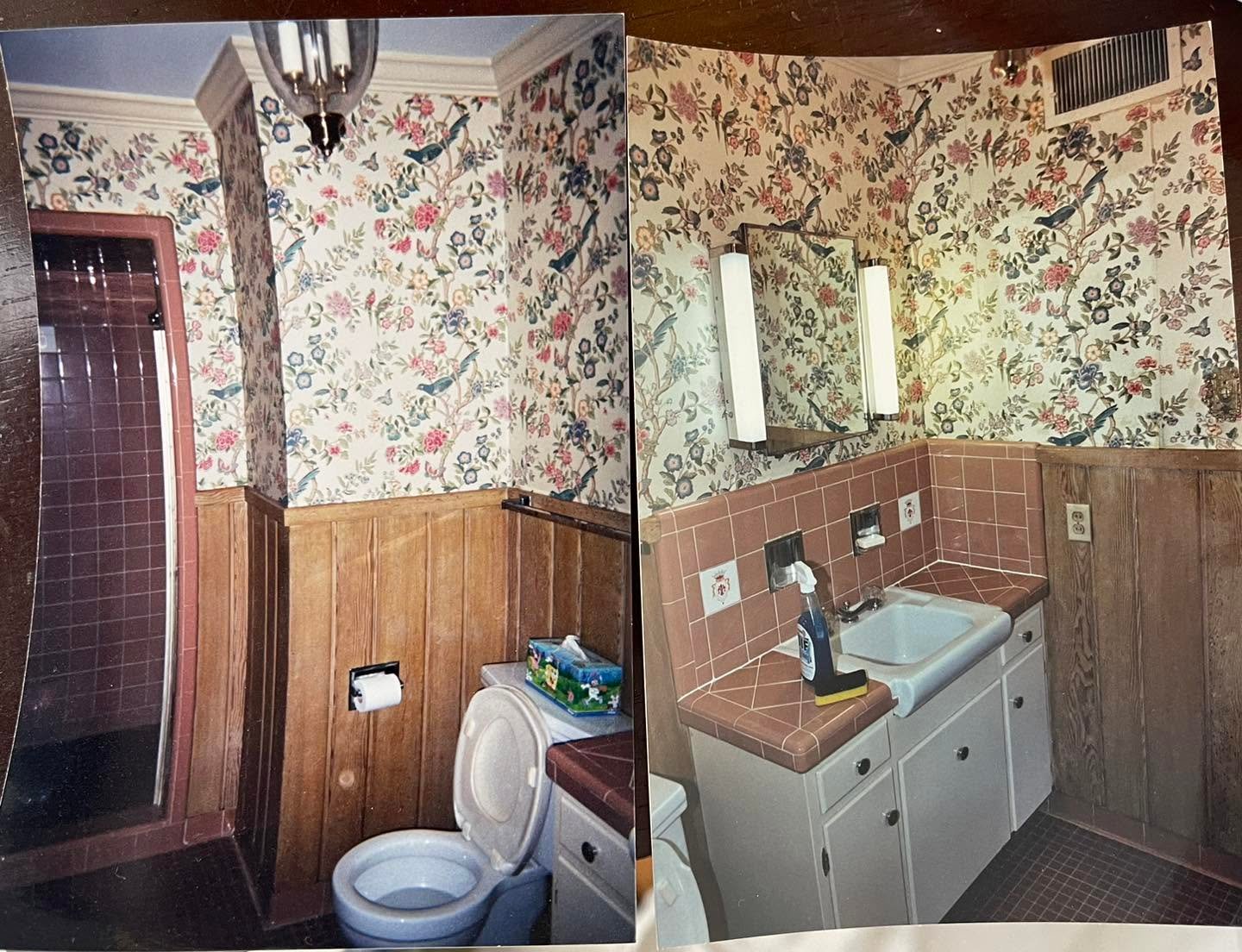 Dated bathroom before remodel with floral wallpaper and pink tile
